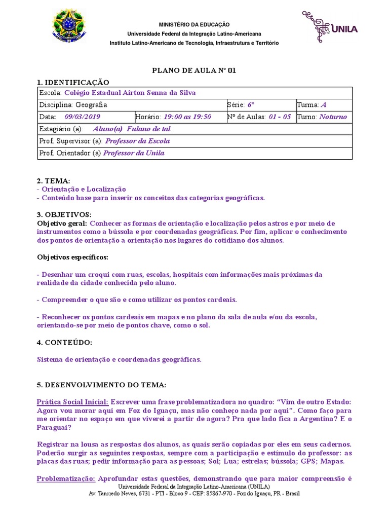 Plano de Aula Unila MODELO de Aula Pedagogia Historico-Critica ...