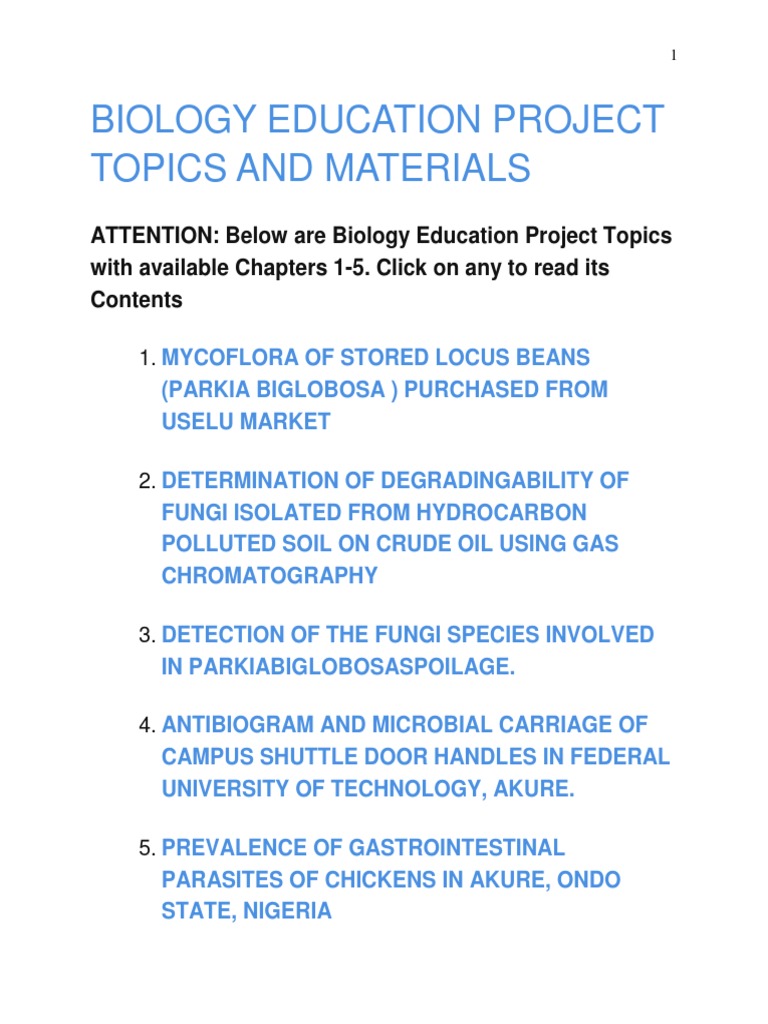 Biology Education Project Topics List | PDF | Schools | Teachers