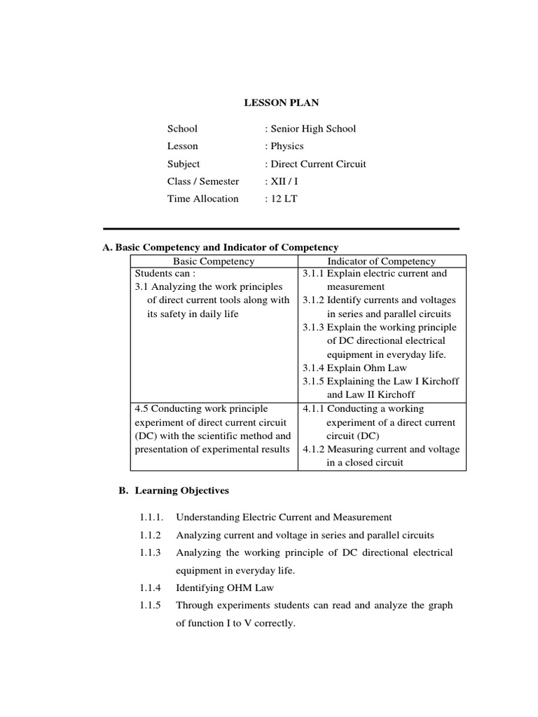 Class 12 DC Circuit Lesson Plan | PDF | Electric Current | Series And ...