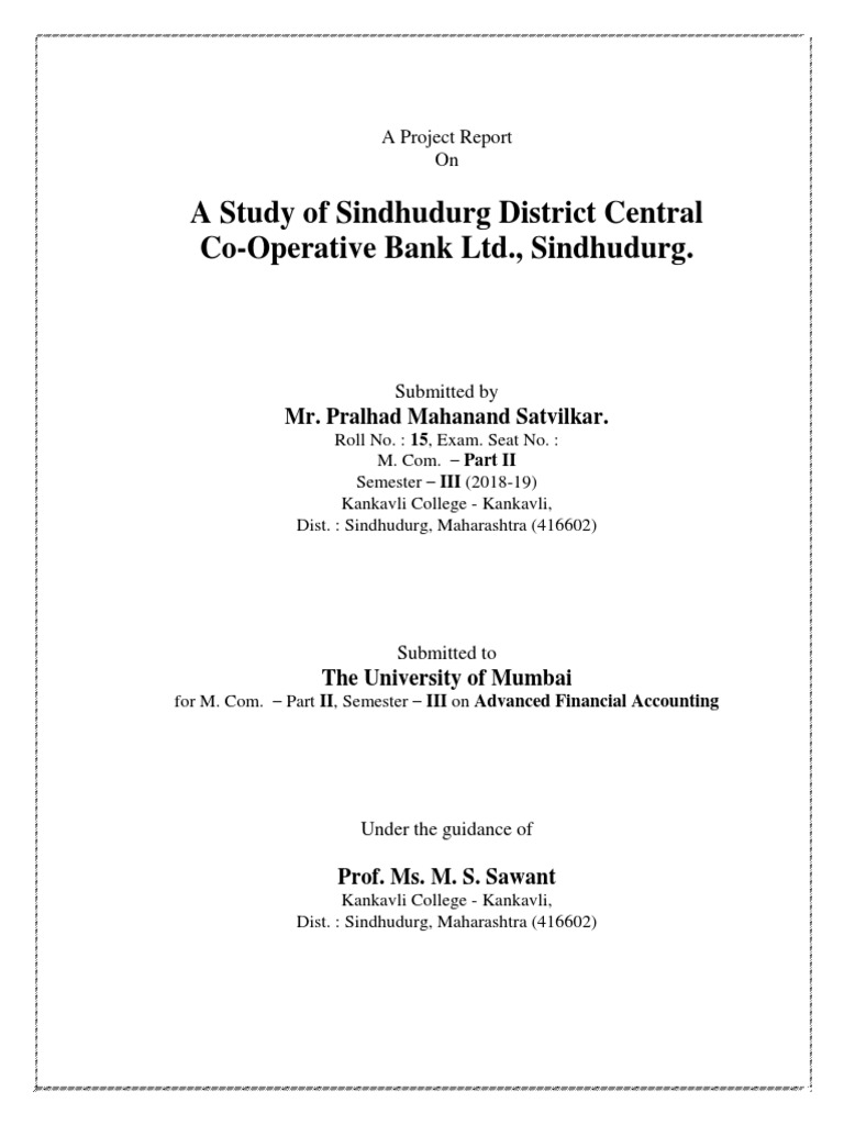 A Study of Sindhudurg District Central Co - Op.Bank Ltd. by P.M.Satvilkar1  | PDF | Cooperative | Reserve Bank Of India