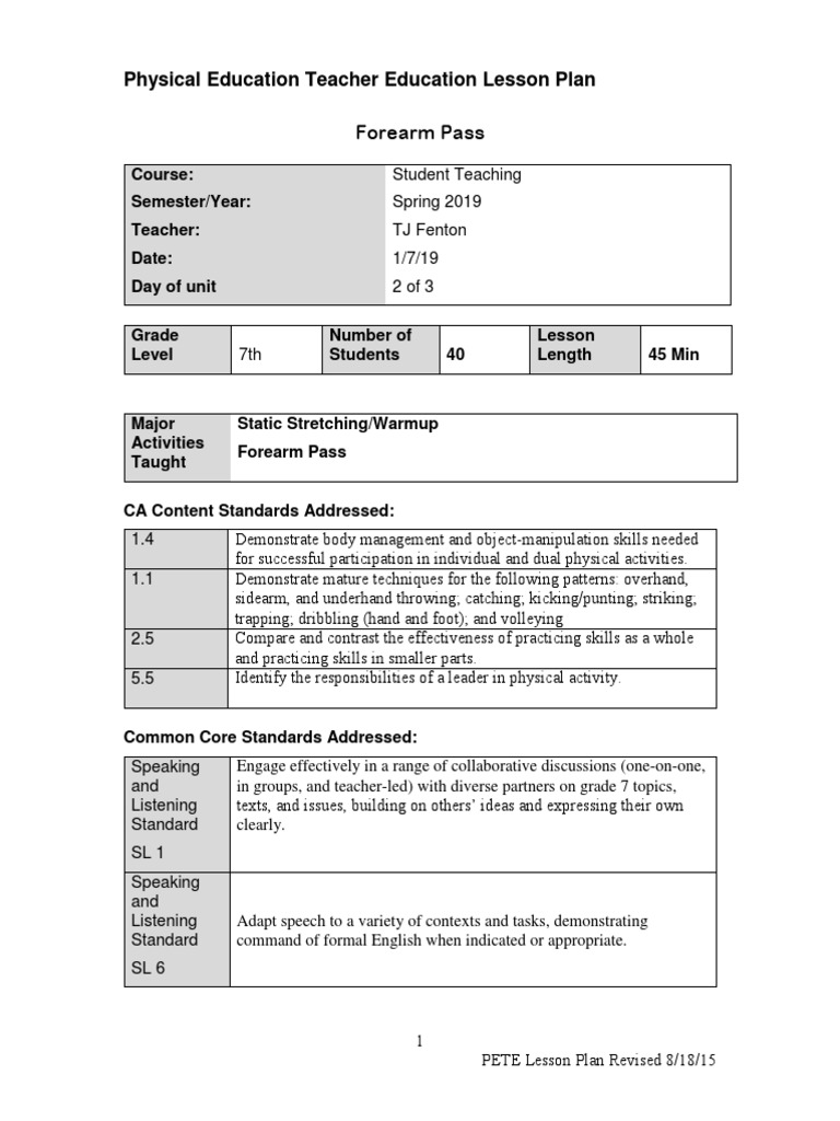 Physical Education Teacher Education Lesson Plan Forearm Pass PDF