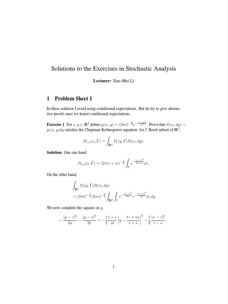 Stochastic Analysis Exercise Solutions | PDF | Stochastic Process ...