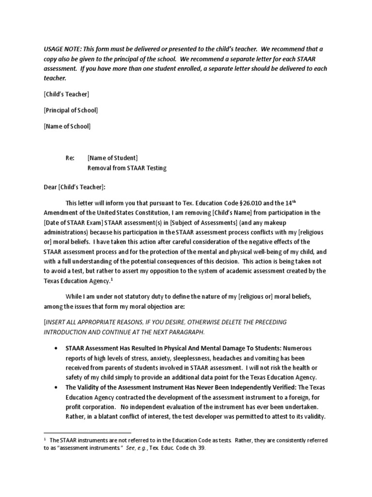 STAAR Test Opt-Out Letter Template | PDF | Educational Assessment ...