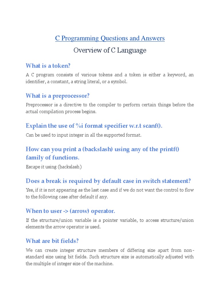 Overview of C Language Question and Answer | PDF | Parameter (Computer ...