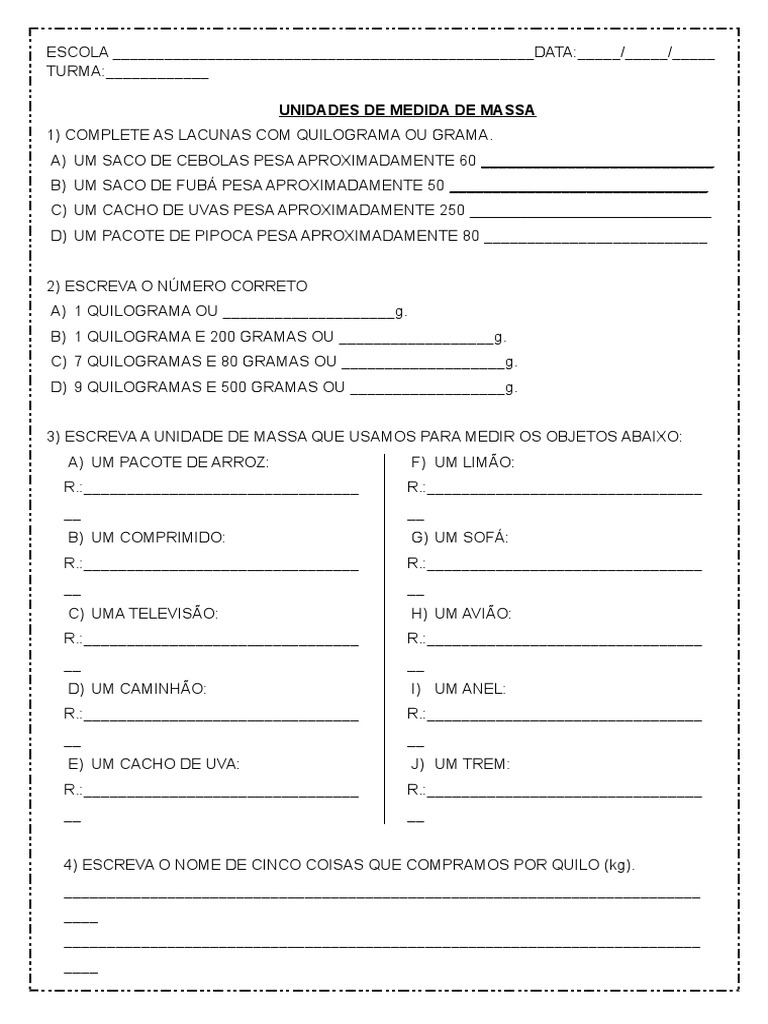 Atividade de Matematica Unidade de Medida de Massa 5º Ano | PDF ...