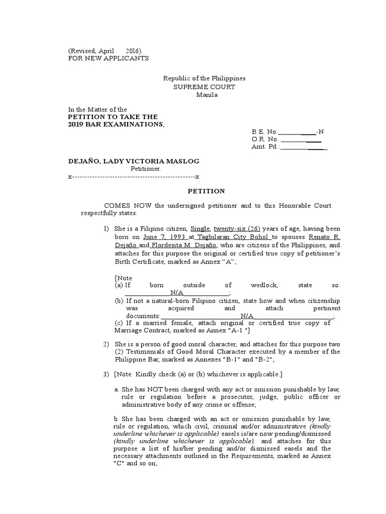 Petition To Take The Bar PDF Government Information Government