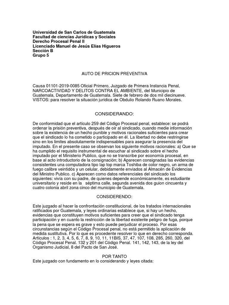 Auto De Prision Preventiva Pdf Guatemala Ley Procesal