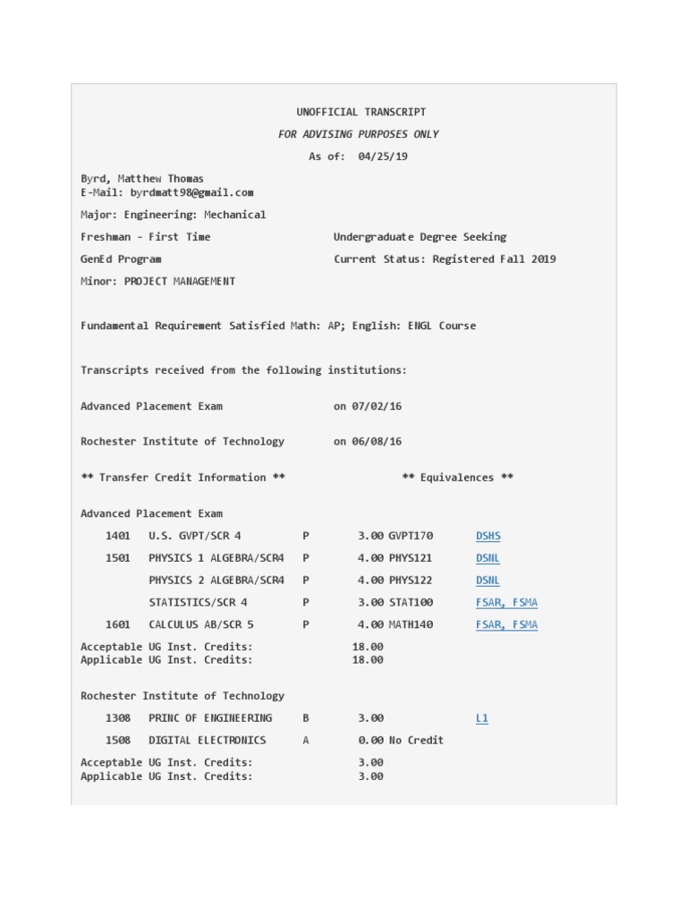 UCI Unofficial Transcript: Byrd, M. T. | PDF | Advanced Placement ...