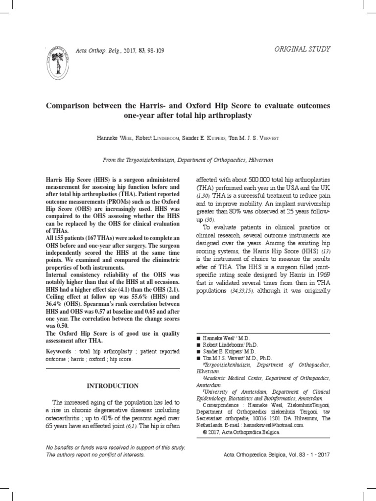 13 Comparison Between The Harris - and Oxford Hip Score To Evaluate ...
