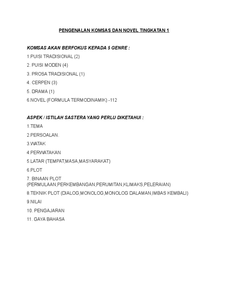 Pengenalan Komsas Dan Novel Tingkatan 1
