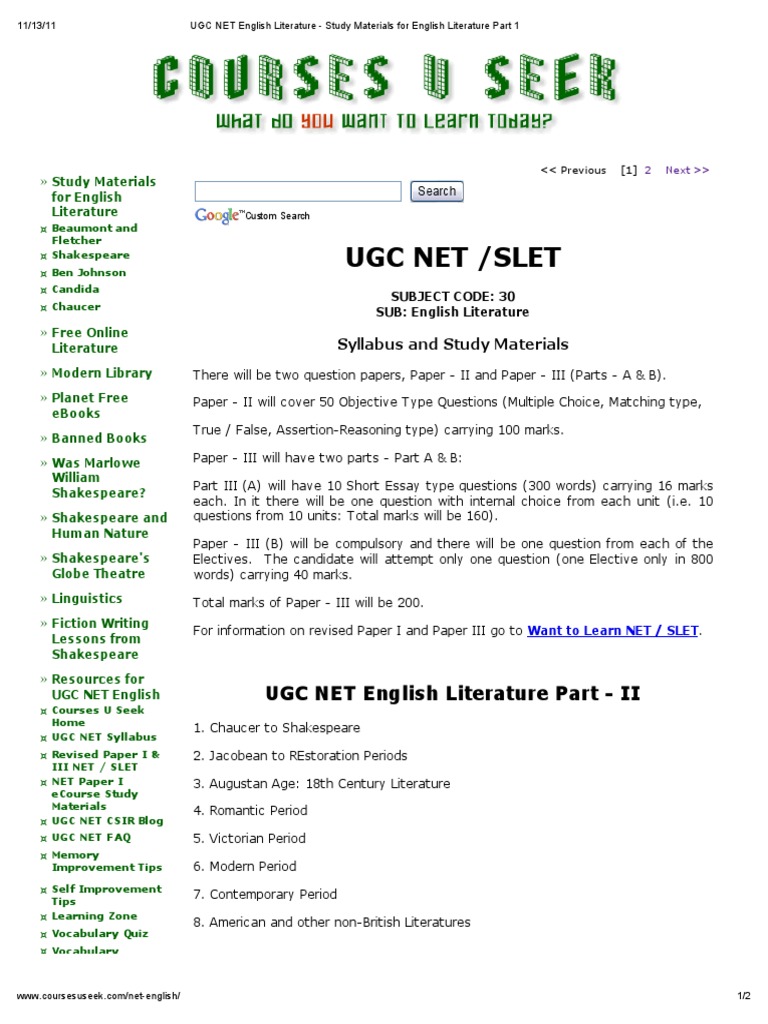 UGC NET English Literature Study Materials For English Literature Part ...