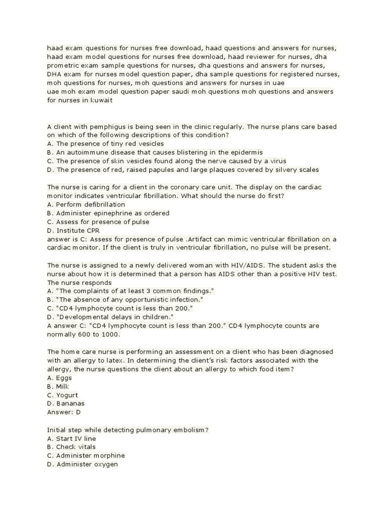 HAAD Exam Questions for Nurses PDF | PDF | Myocardial Infarction | Heart