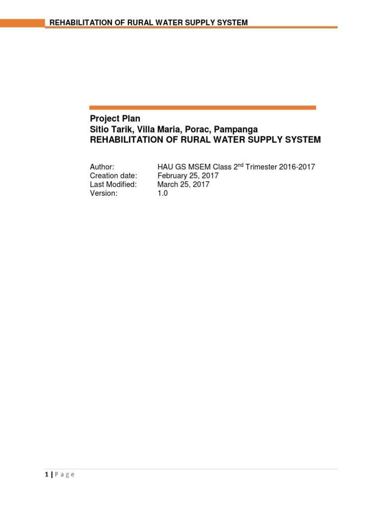 PROJECT PLAN - Sitio Tarik | PDF | Drinking Water | Water Supply Network