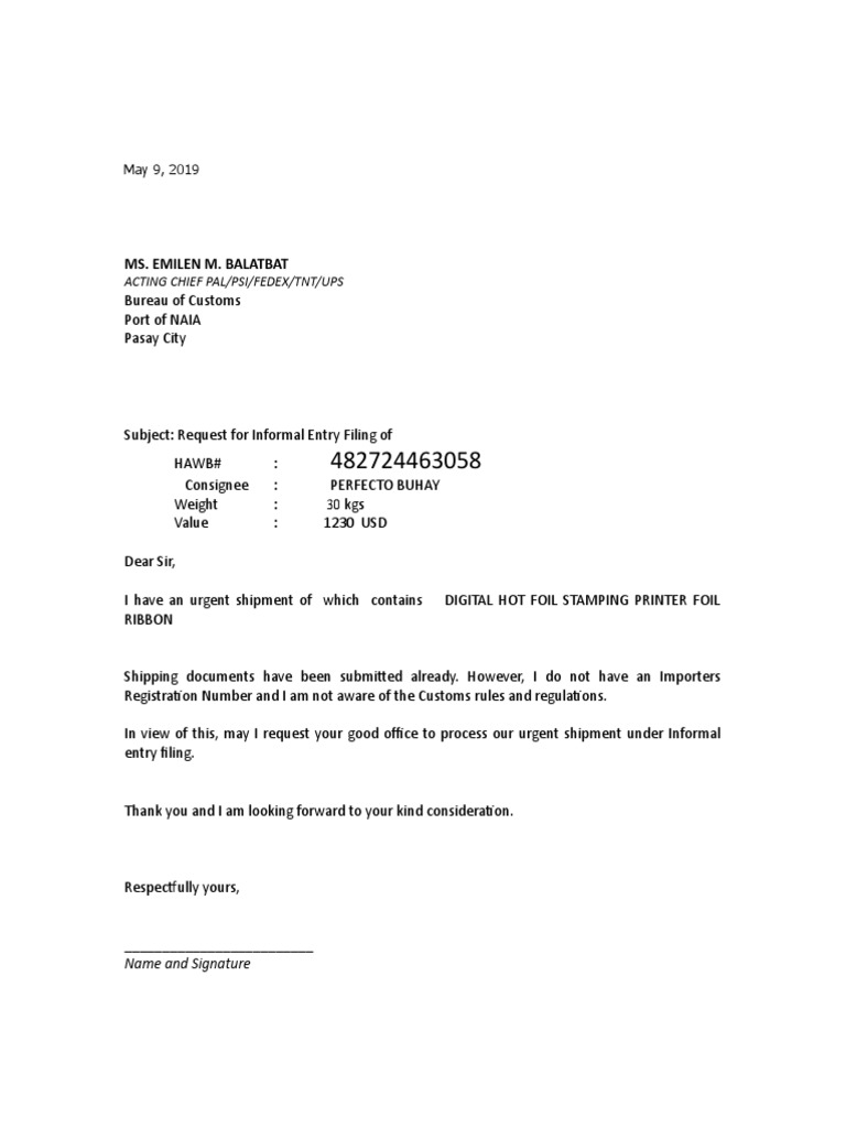Urgent Request for Informal Entry Filing | PDF | Law