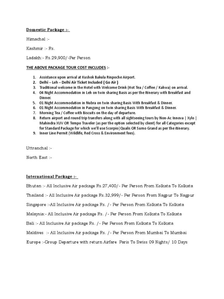 The Above Package Tour Cost Includes | PDF | Business