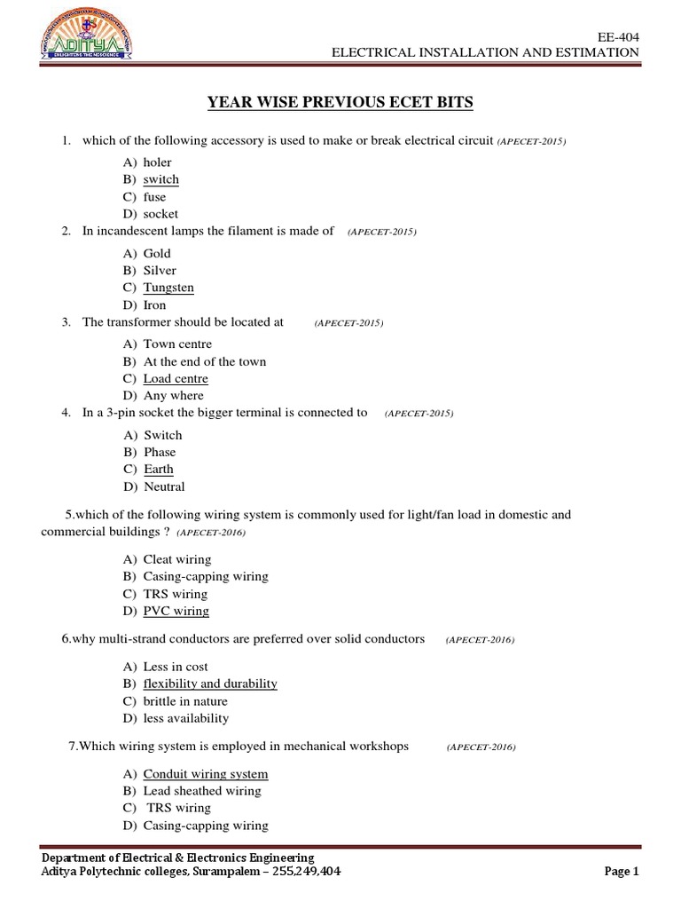 Eie Ecet Bits PDF Electrical Wiring Incandescent Light Bulb