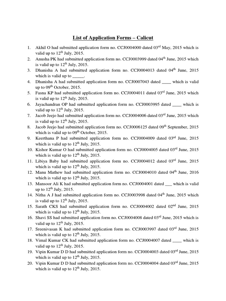 Calicut Application Forms List 2015 | PDF