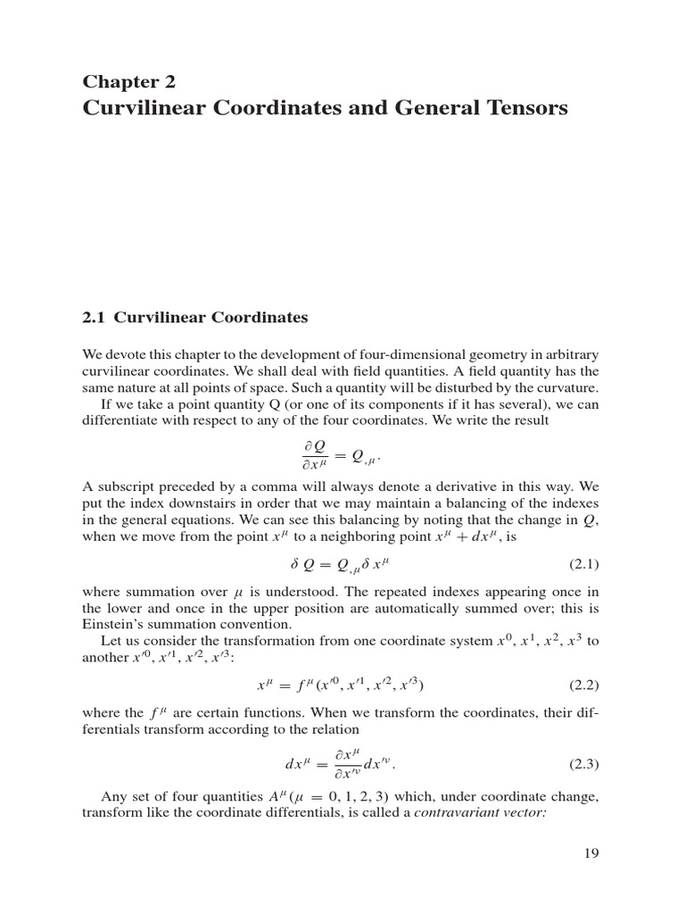 Curvilinear Coordinates and General Tensors PDF Tensor Differential Geometry