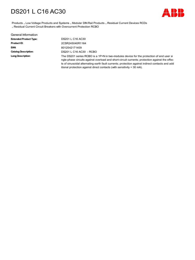 2csr245040r1164 Ds201 L C16 Ac30 Rcbo Pdf Equipment Electrical
