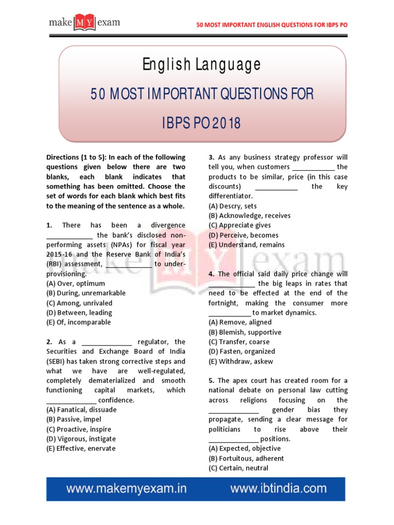 50 Most Important English Questions For IBPS PO - 0 | PDF | Core ...