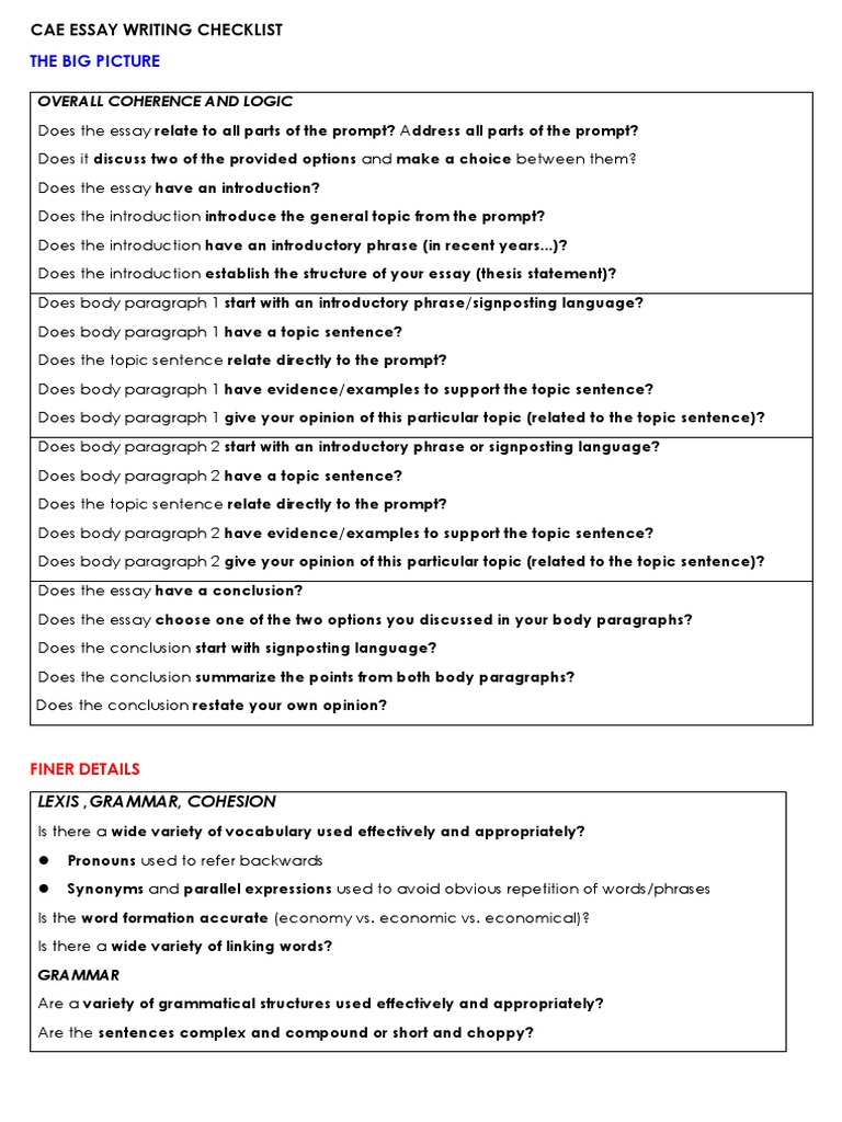 CAE Essay Writing Checklist | PDF | Language Arts & Discipline ...
