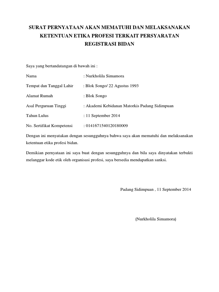 SURAT PERNYATAAN AKAN MEMATUHI DAN MELAKSANAKAN KETENTUAN ETIKA PROFESI