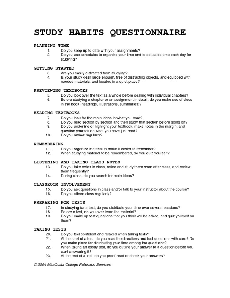 Study Habits Questionnaire