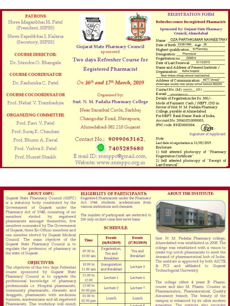 Refresher Course Registration Form PDF Pharmacist Pharmacology