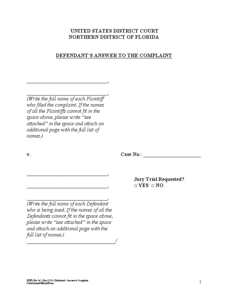 Defendant's Answer to Complaint Form | PDF | Affirmative Defense ...