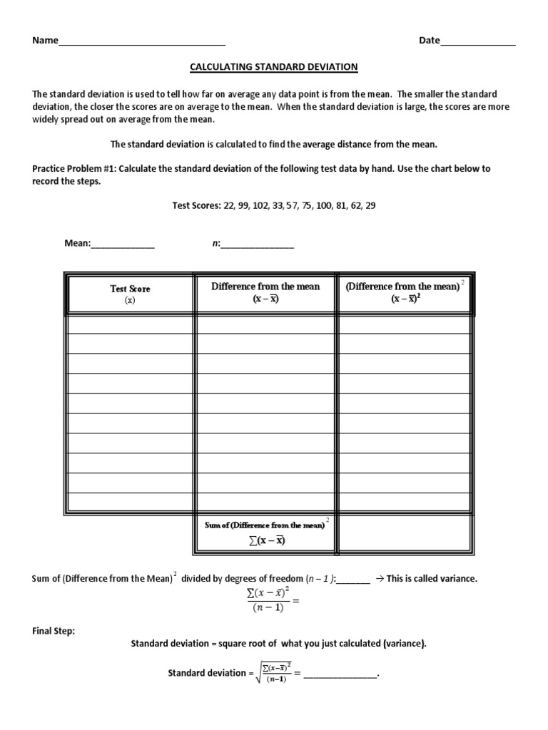 Name Date Calculating Standard Deviation: Test Score | PDF
