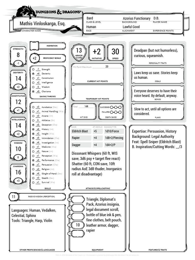Mathis Vinloskarga, Esq.: Bard Azorius Functionary D.B. Human Lawful ...