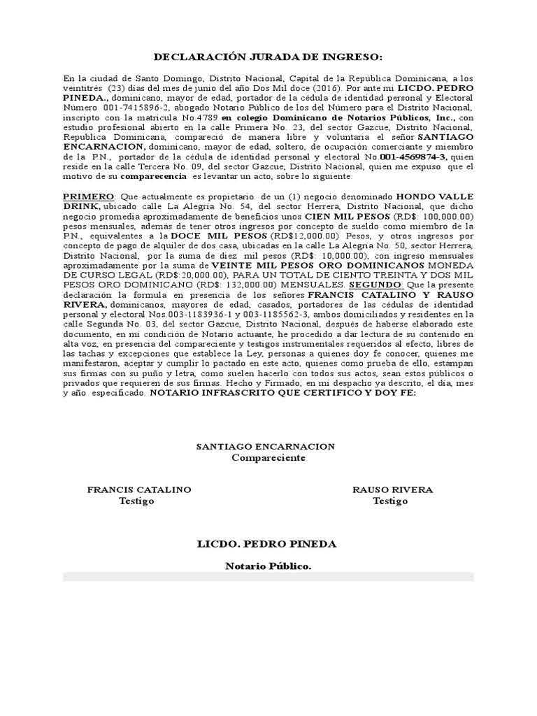 Modelo de Declaración Jurada de Ingresos | PDF | República Dominicana ...