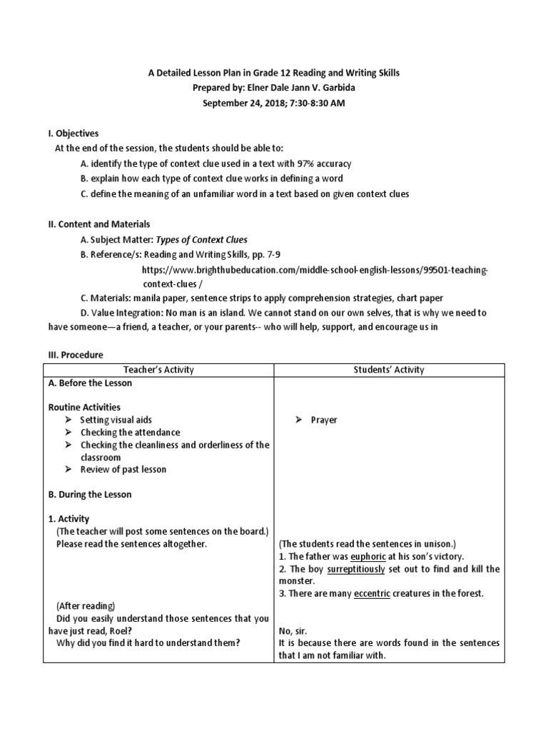 Reading and Writing Lesson Plan PDF Lesson Plan Lexicology