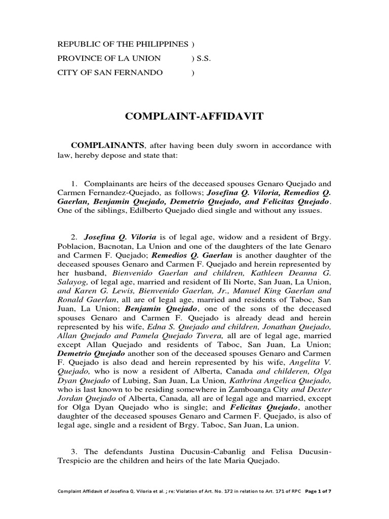 COMPLAINT AFFIDAVIT FOR FALSIFICATION BY PRIVATE PERSON OF A PUBLIC DOX ...