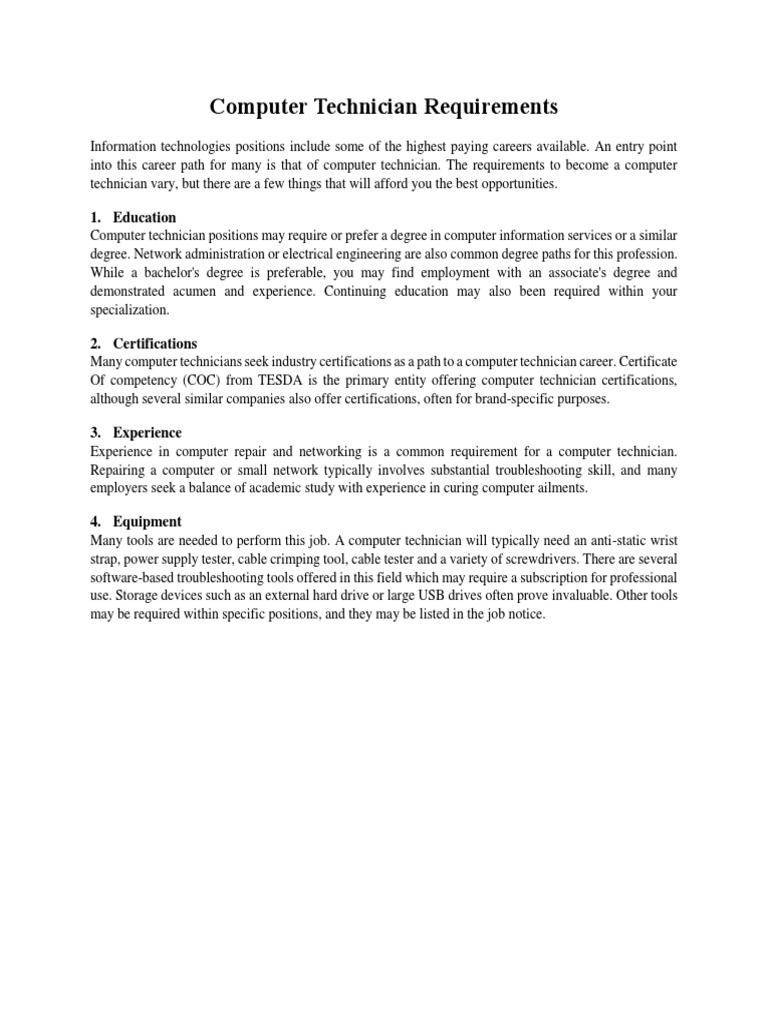 Computer Technician Requirements PDF