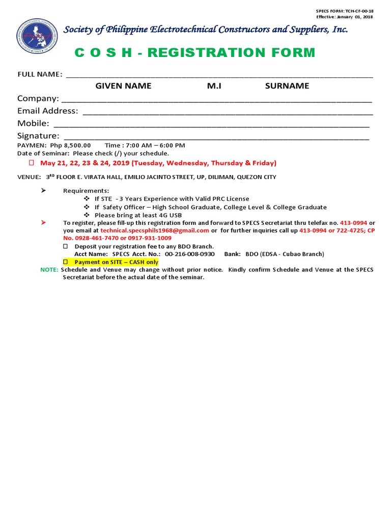 COSH Registration Form for Seminar | PDF | Financial Services | Banking