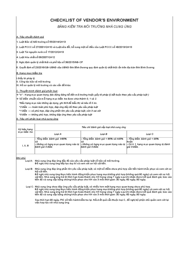 Checklist For Environment Service Vendor Assessment | PDF