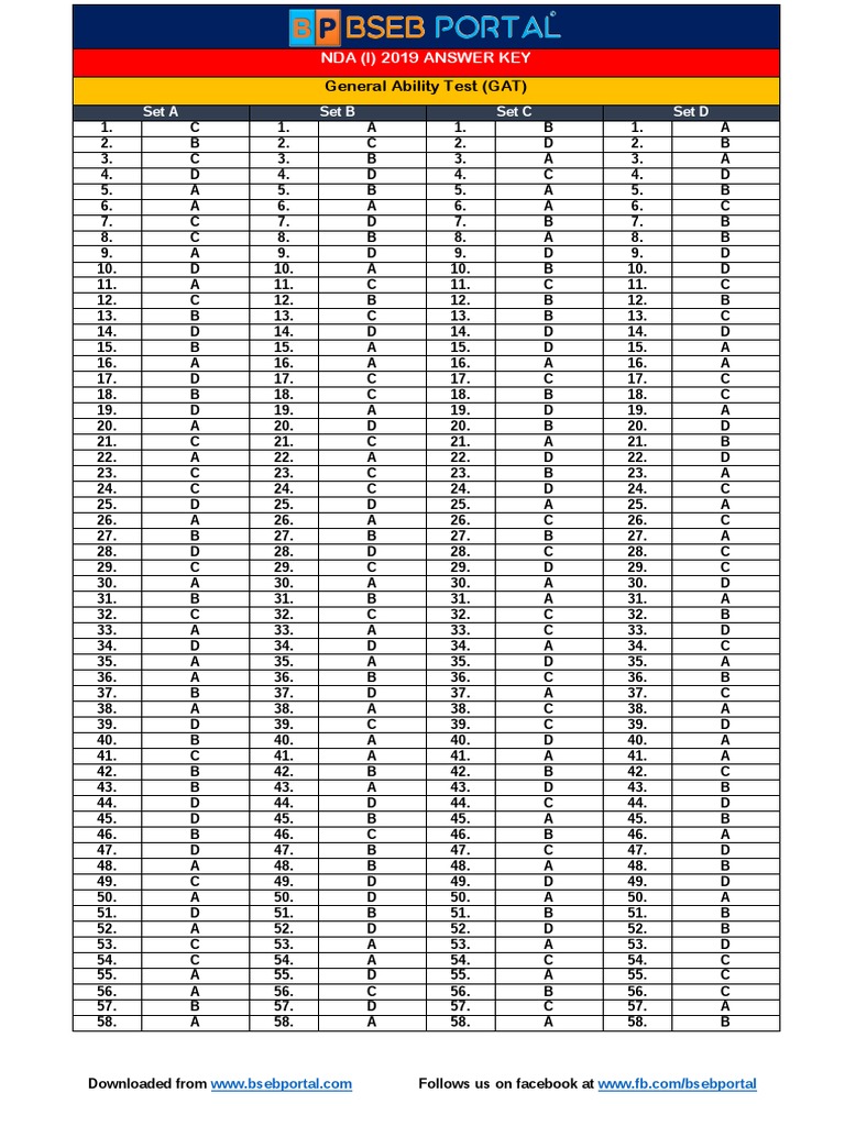 NDA 2019 GAT Answer Key Sets A-D | PDF