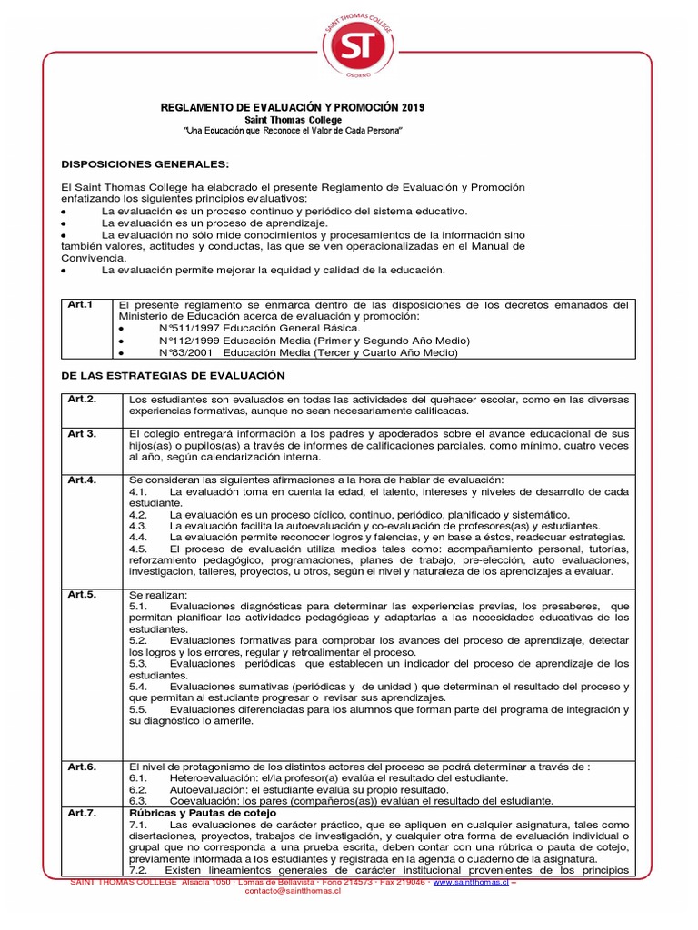 Reglamento de Evaluación 2019 Ok Bueno PDF | PDF | Evaluación | Maestros
