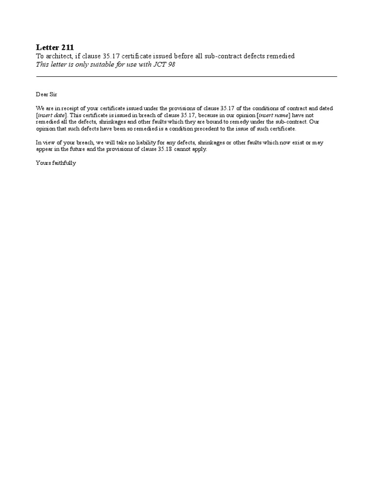 211 To Architect, If Clause 35.17 Certificate Issued Before All Sub ...