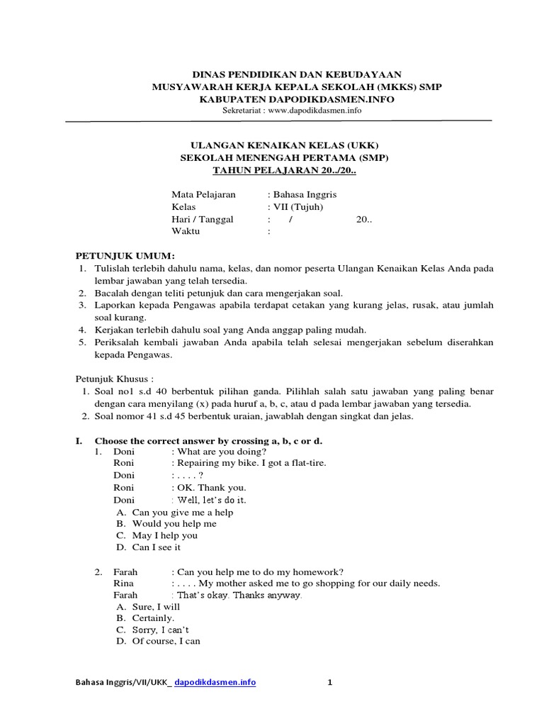 Soal Ukk Bahasa Inggris Kelas Vii Dapodikdasmen Info Cuisine Cooking