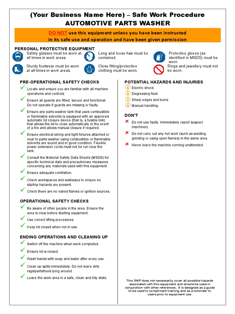 (Your Business Name Here) Safe Work Procedure Automotive Parts Washer