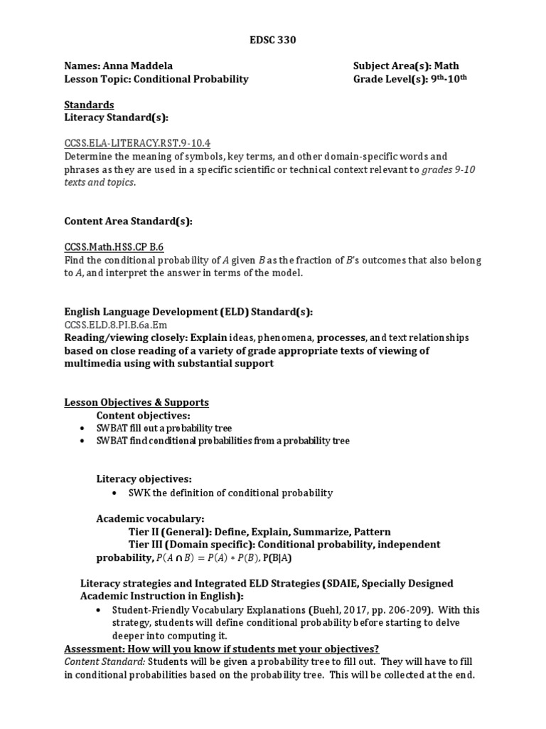 Conditional Probability Lesson Plan | PDF | Definition | Probability
