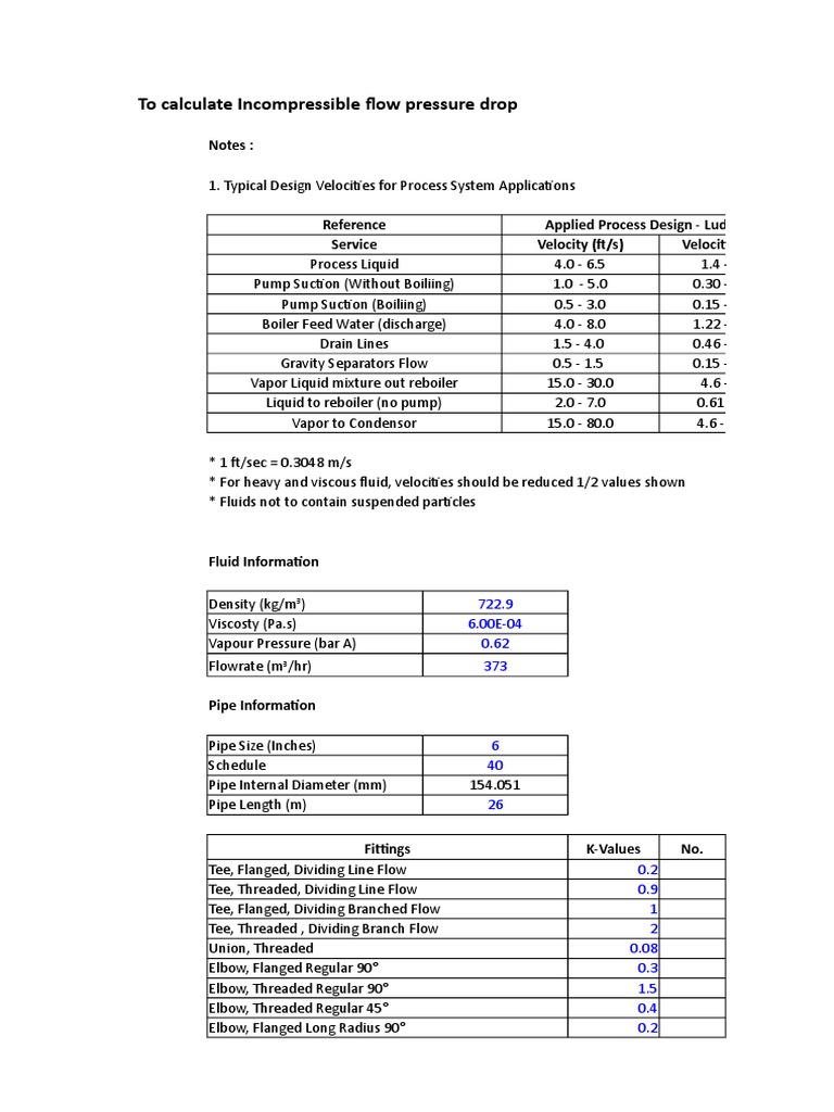 Pressure Drop in Pipes Calculation PDF Fluid Dynamics Pressure