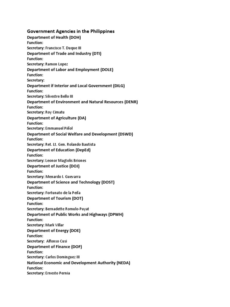 Philippine Government Agencies and Secretaries | PDF | Travel