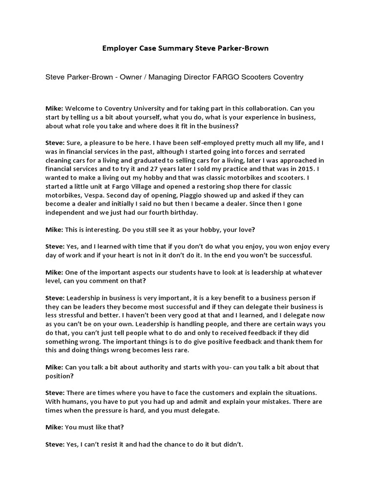 Employer Case Summary Steve ParkerBrown From FARGO Scooters Coventry