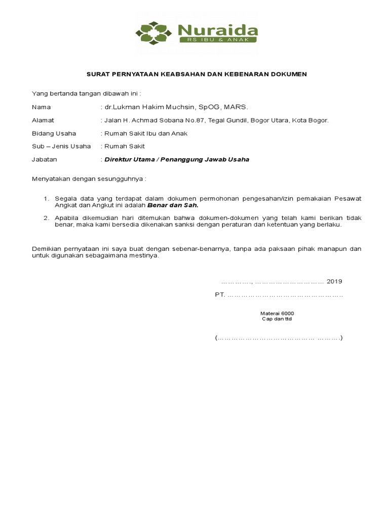Surat Pernyataan Keabsahan Dokumen Format 5