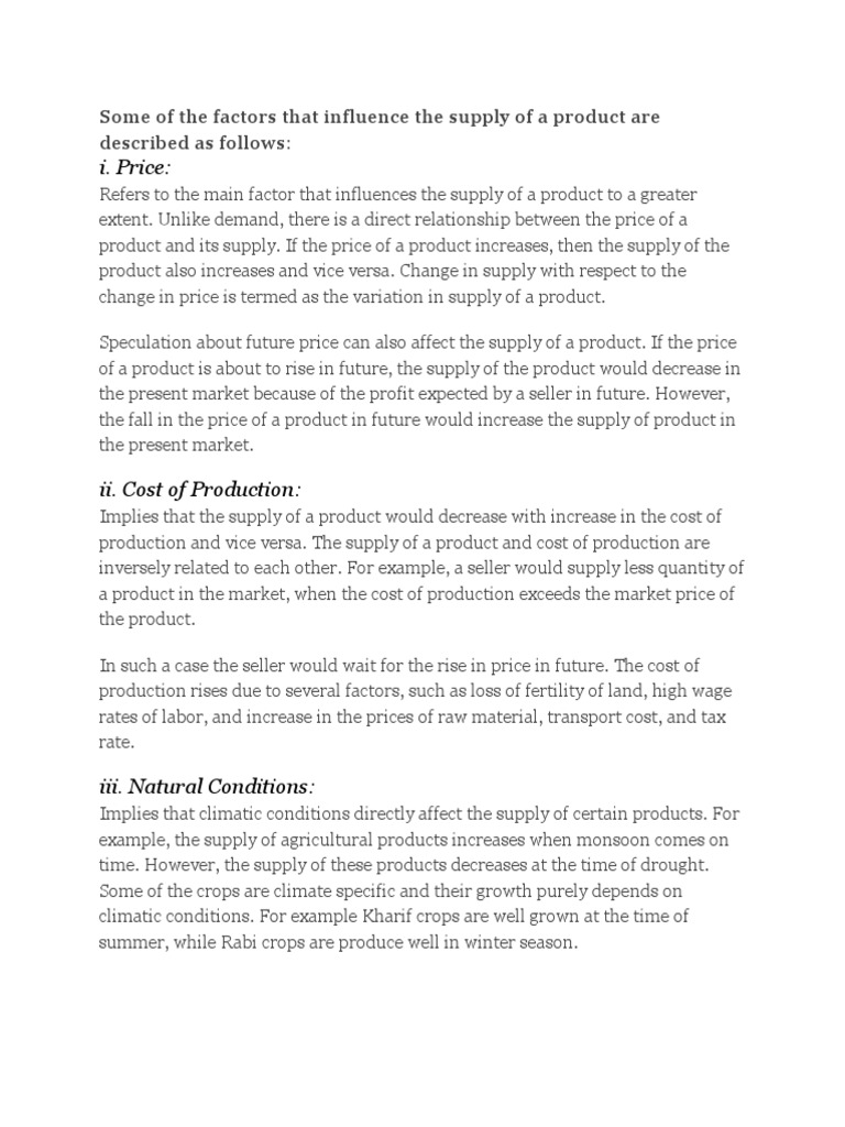 I. Price:: Some of The Factors That Influence The Supply of A Product ...