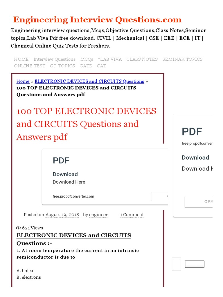 100 Top Electronic Devices and Circuits Questions and Answers PDF