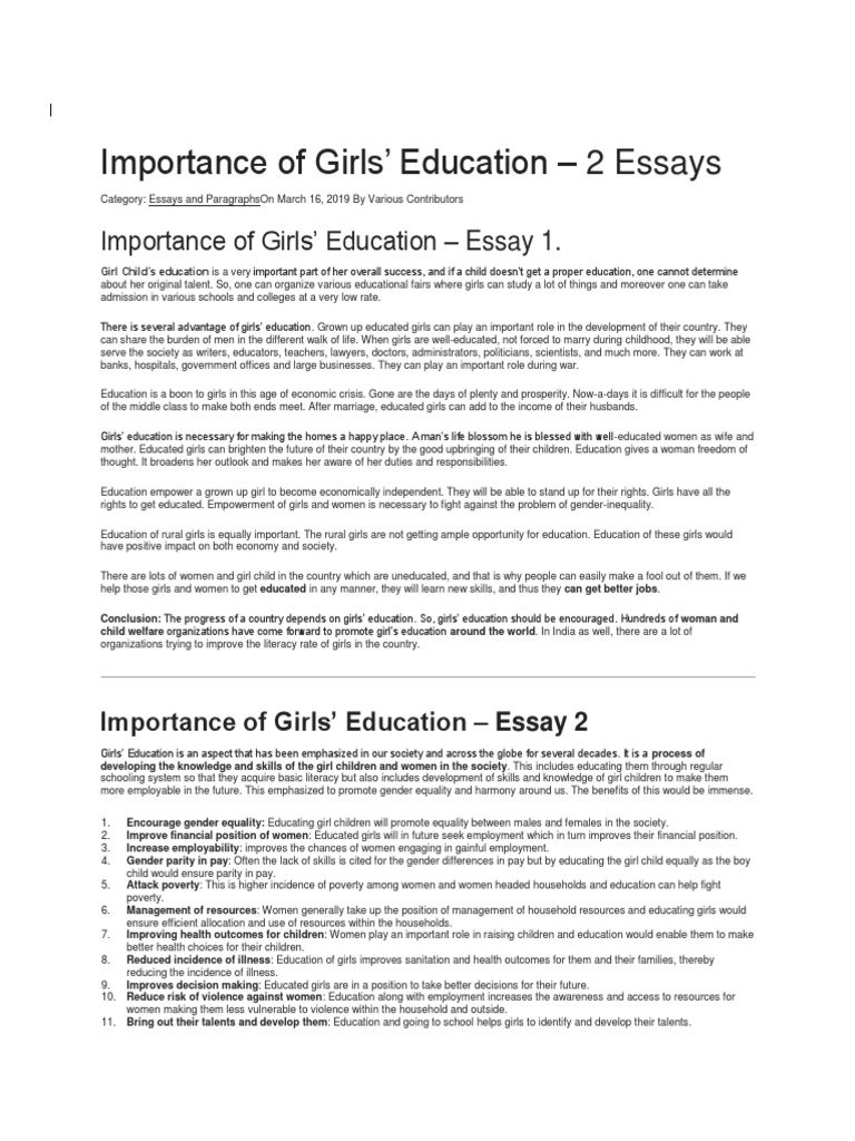 Essay English 1 PDF Female Education Gender Equality
